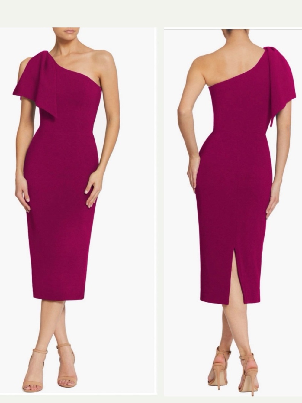 Dress the Population One-Shoulder Midi Dress in Magenta